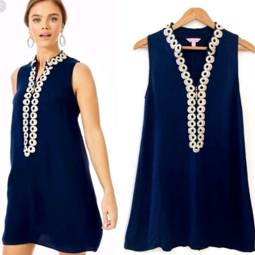 Lilly Pulitzer Women's Dress 00 Navy Blue Gold Embroidered Sleeveless Shift